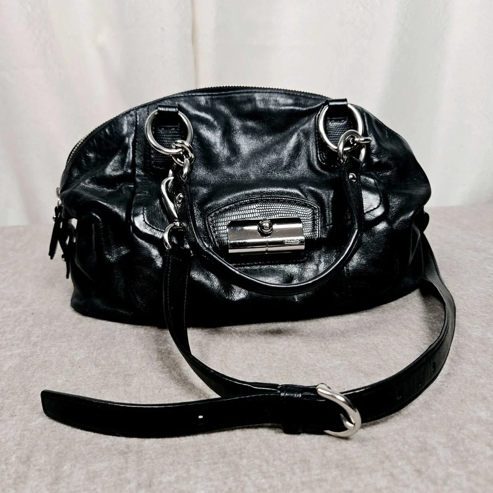 COACH #F22304 Kristen Black Leather Double-Zip Satchel Shoulder Bag